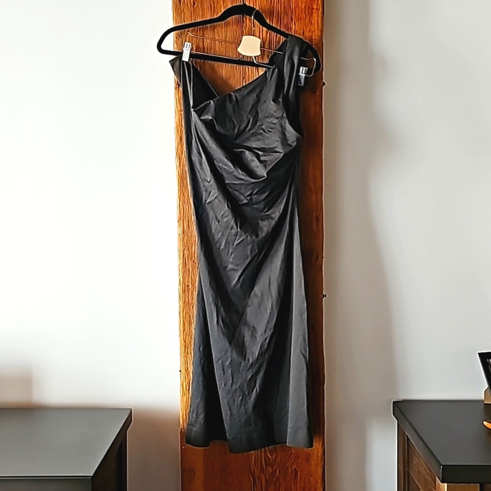 NWT COS one shoulder asymentrical dark green gray 100% cotton dress sz Large